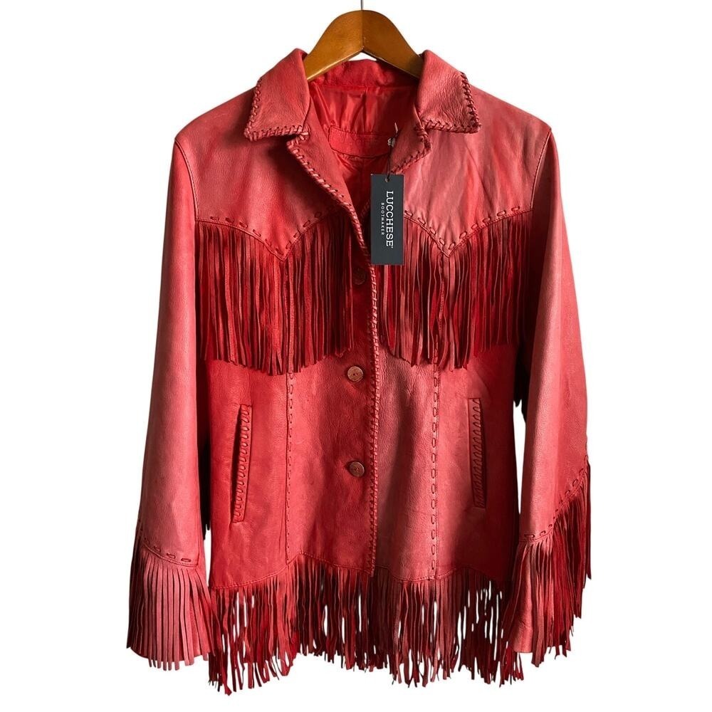 Lucchese Red Lamb Leather Tallulah Fringe Jacket Womens Sz Medium Distressed